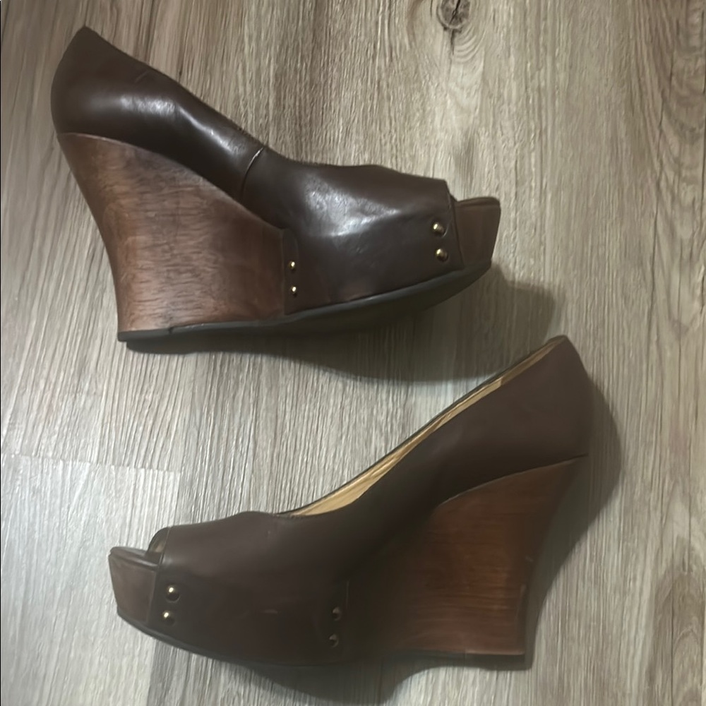 Via Spiga Brown Leather Peep-Toe Wedge Heels